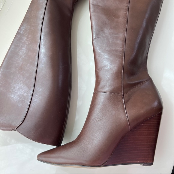 Nine West Sz 7 Varin Wide Calf Brown Leather Wood Wedge Knee High Boots - Picture 14 of 15